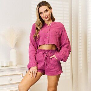 Basic Bae Buttoned Long Sleeve Top and Shorts Set